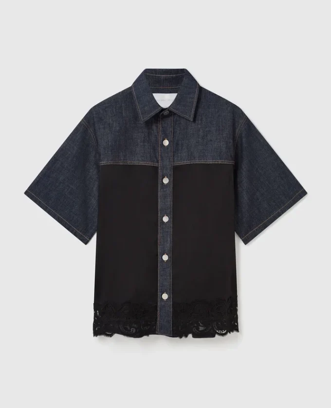 Satin Panel Short-Sleeve Denim Shirt Satin Panel Short-Sleeve Denim Shirt