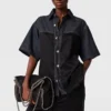 Satin Panel Short-Sleeve Denim Shirt Satin Panel Short-Sleeve Denim Shirt