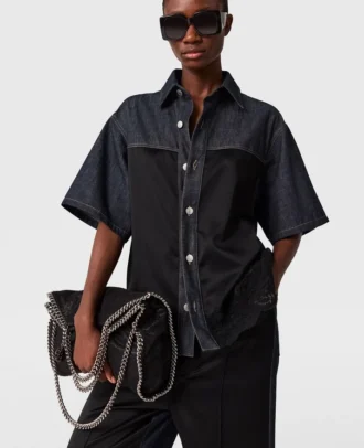 Satin Panel Short-Sleeve Denim Shirt