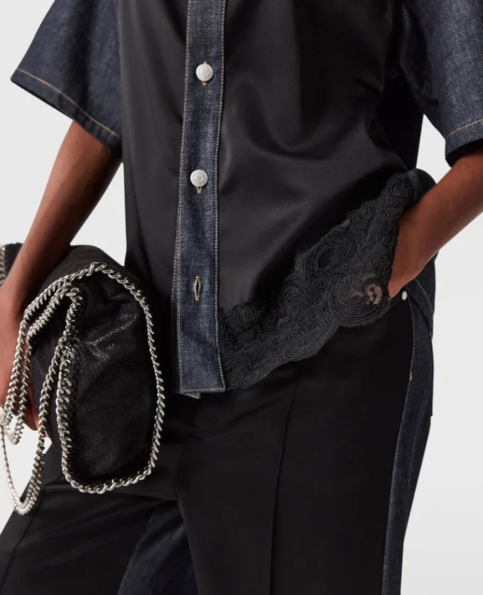Satin Panel Short-Sleeve Denim Shirt Satin Panel Short-Sleeve Denim Shirt