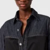 Satin Panel Short-Sleeve Denim Shirt Satin Panel Short-Sleeve Denim Shirt