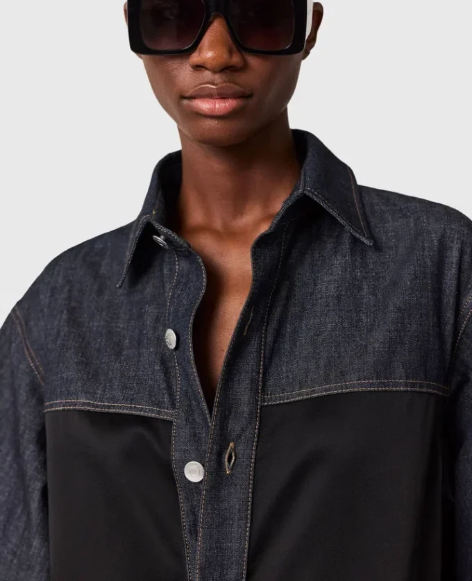 Satin Panel Short-Sleeve Denim Shirt Satin Panel Short-Sleeve Denim Shirt