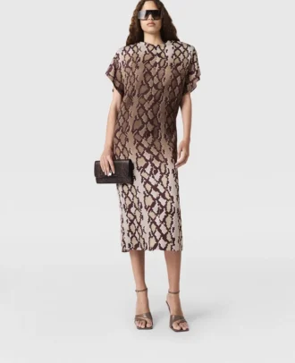 Snake Print Shoulder Pad Midi Dress