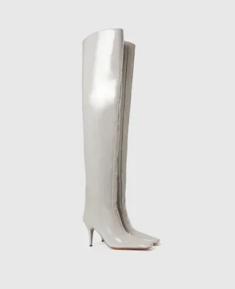 Square-Toe Patent Thigh-High Stiletto Boots