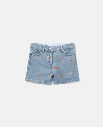 Striped Bow Print Denim Shorts