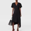 V-Neck Short-Sleeve Satin Midi Dress V-Neck Short-Sleeve Satin Midi Dress