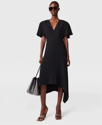 V-Neck Short-Sleeve Satin Midi Dress