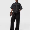 Satin Panel Short-Sleeve Denim Shirt Satin Panel Short-Sleeve Denim Shirt