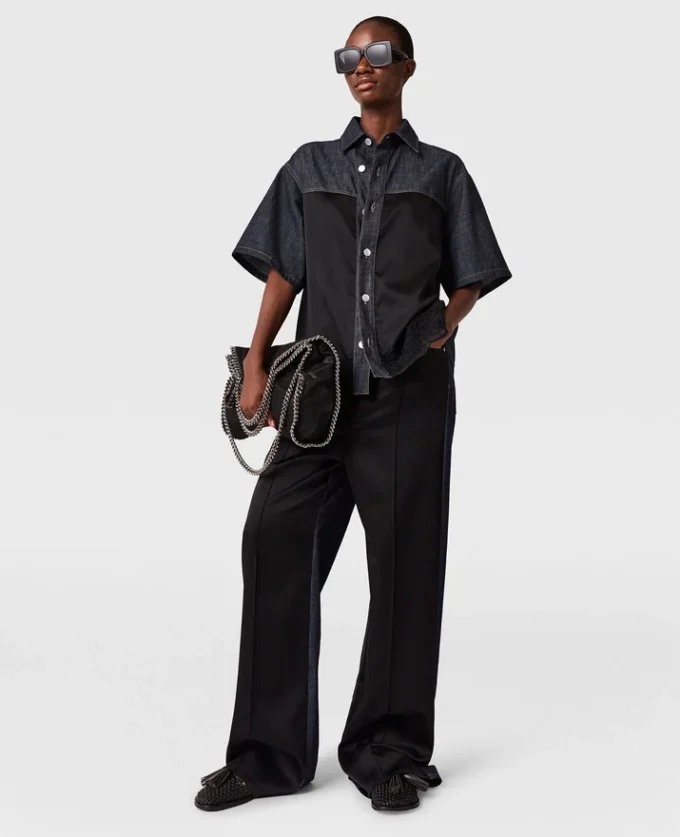 Satin Panel Short-Sleeve Denim Shirt Satin Panel Short-Sleeve Denim Shirt