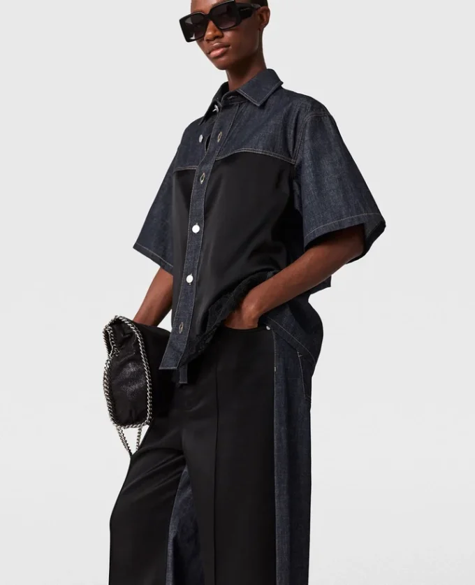 Wide-Leg Satin-Panel Denim Jeans Wide-Leg Satin-Panel Denim Jeans