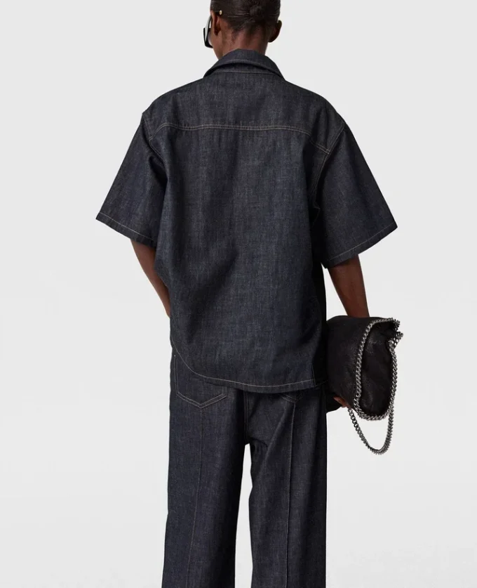 Satin Panel Short-Sleeve Denim Shirt Satin Panel Short-Sleeve Denim Shirt