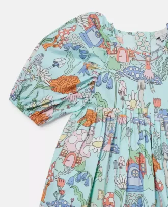 Woodland Print Pleated Short-Sleeve Dress