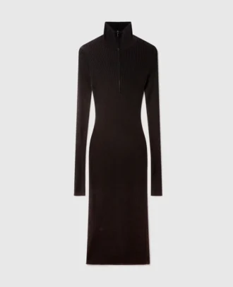 Zipper-Neck Ribbed Knit Midi Dress