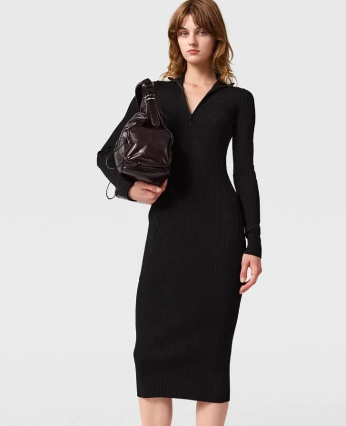 Zipper-Neck Ribbed Knit Midi Dress Zipper-Neck Ribbed Knit Midi Dress