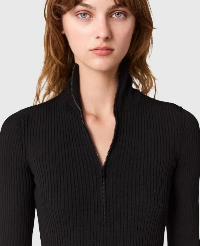 Zipper-Neck Ribbed Knit Midi Dress Zipper-Neck Ribbed Knit Midi Dress